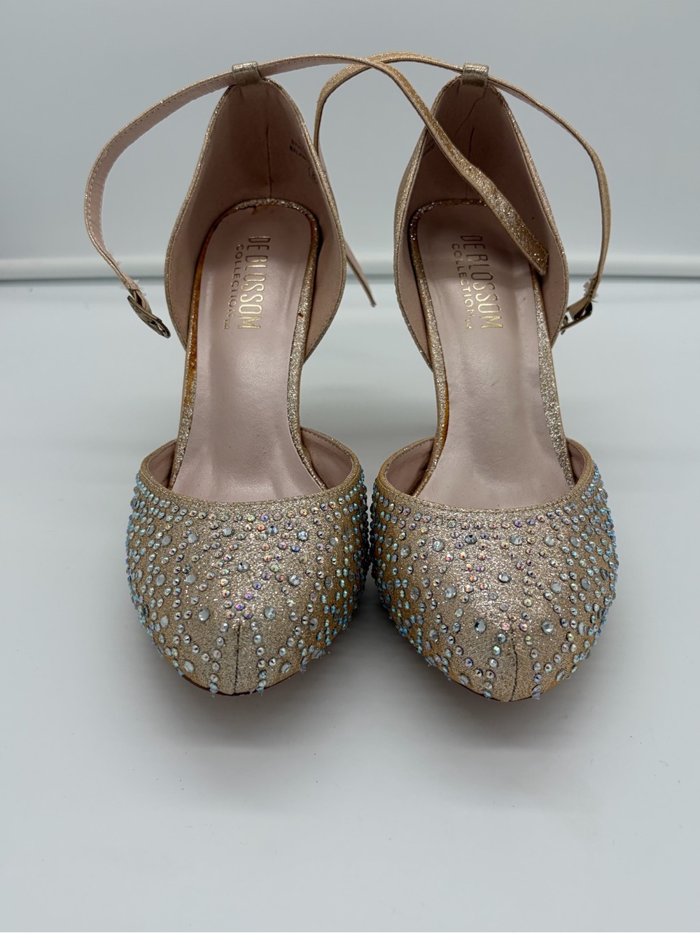De Blossom Collection Champagne Crystal-Embellished Ankle-Strap Heels
